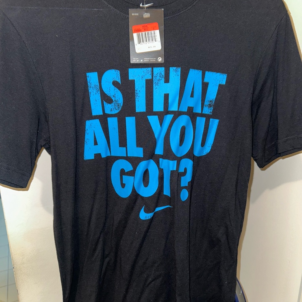 Nike Men's Black Tee with Vibrant Blue Text